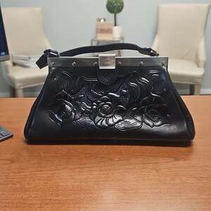 Patricia Nash Black Rose Tooled Italian Leather Frame Handbag/Purse
